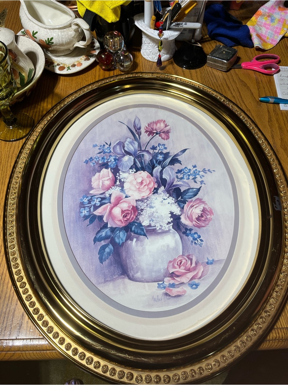 Homco Gold Oval Framed Floral Print - Pink and Purple Bouquet